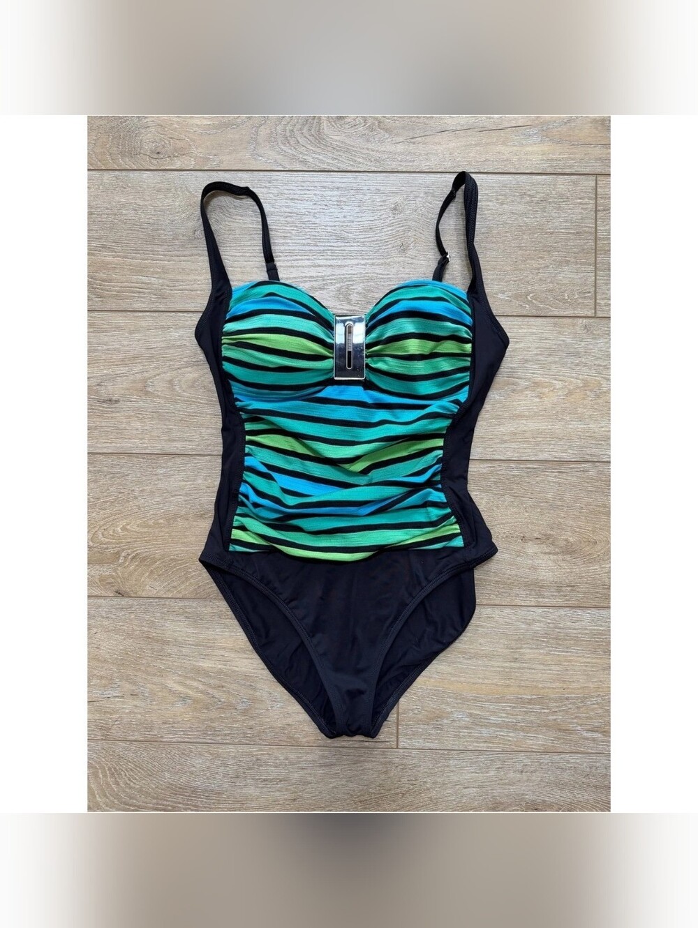 Black One-Piece Swimsuit with Blue and Green Striped Bodice